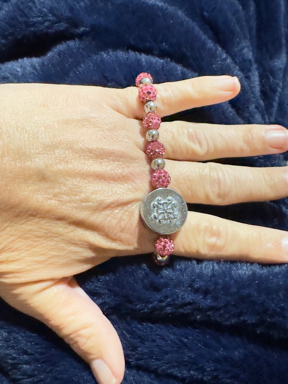 Rustic Cuff Pink Crystal Stretch Bracelet with Silver Medallion